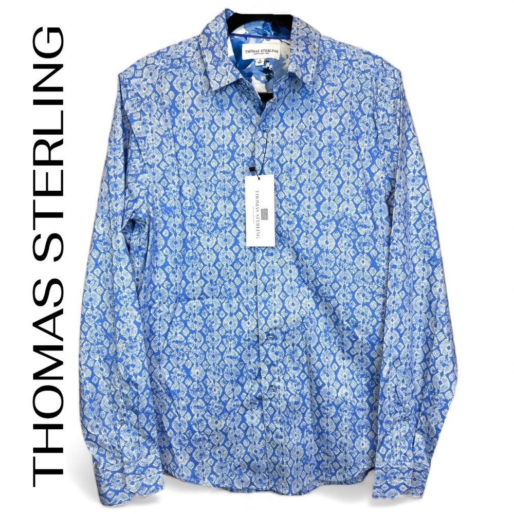 THOMAS STERLING - Men's Blue White Patterned Dress Shirt Size Small NEW
